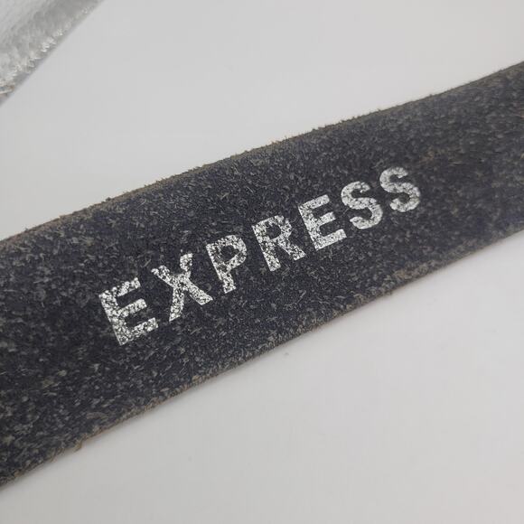 Express Belt Small Silver Leather Metallic Crackle Futuristic Rock Moto Cyber